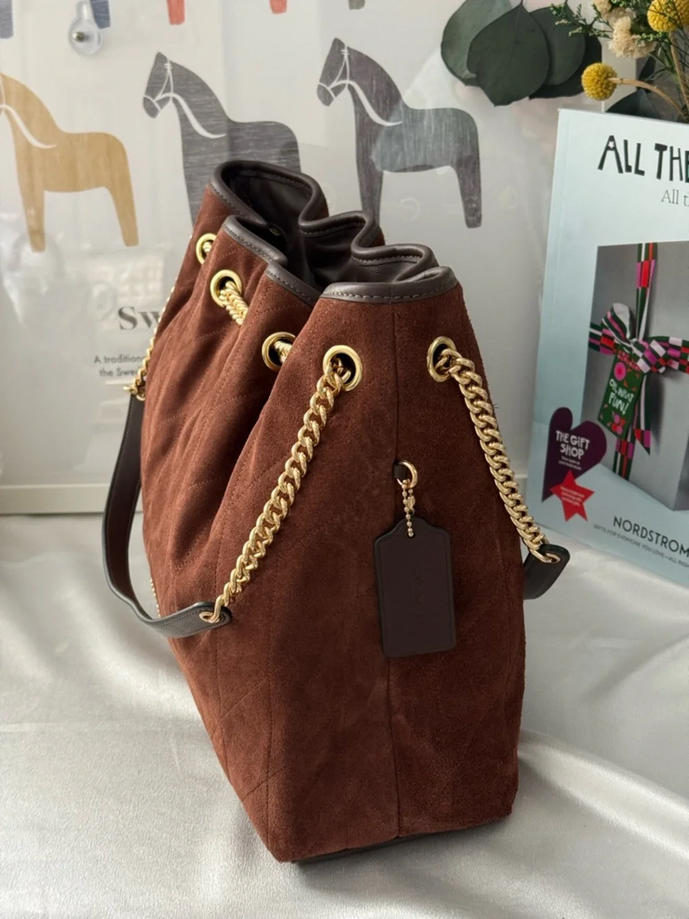 COACH CCZ80 Evelyn Shoulder Bag with Quilting Suede Gold/Vintage Brown/ Mapl WNT - Picture 3 of 13